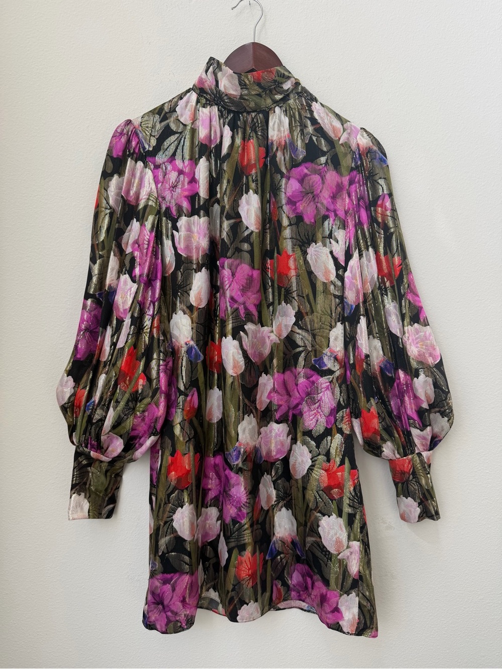 BORGO DE NOR Lima Metallic Silk Floral Mini Dress Blouson Sleeve US 2